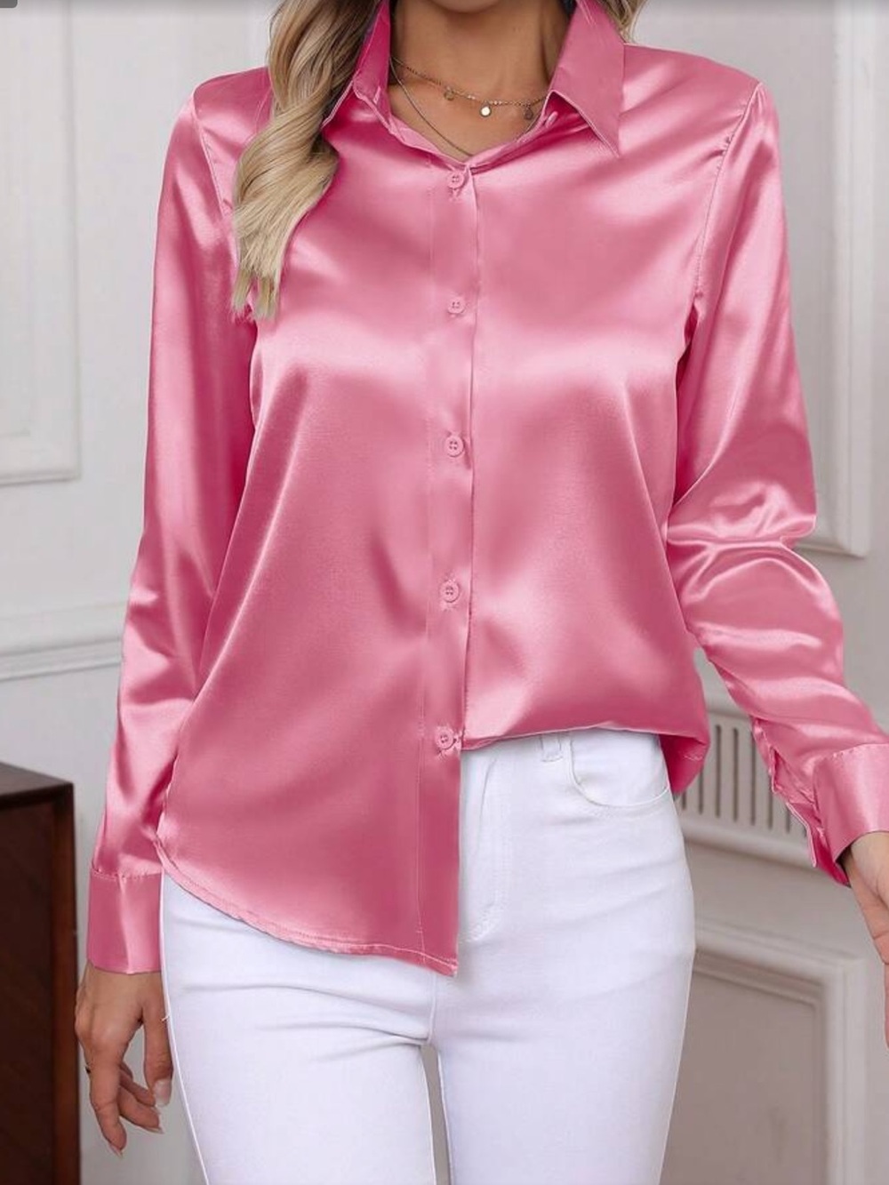 Satin Button-Front Blouse - Watermelon Pink